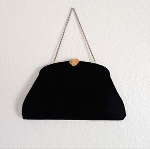 Vintage 1950s Mid Century Romantic Velvet Rose Clasp Chain Clutch Chain Bag